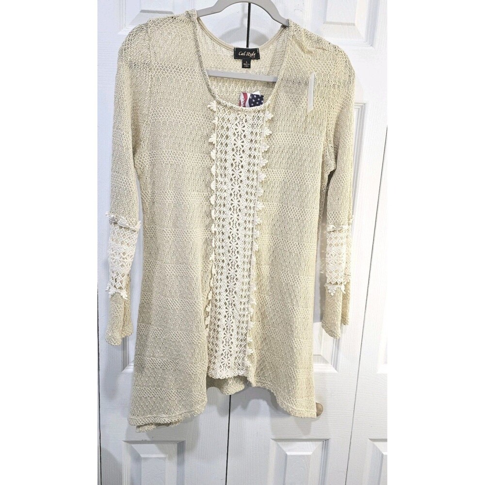 Womens Beige Asymmetrical Crochet Lace Boho Peasant Top Romantic Bell sleeve LG